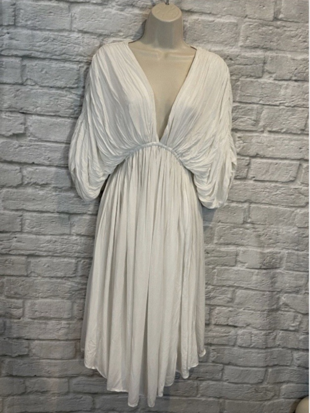 Inda Amerta Gathered Midi Dress in Bone XS Angelic Greek Goddess Empire Waist